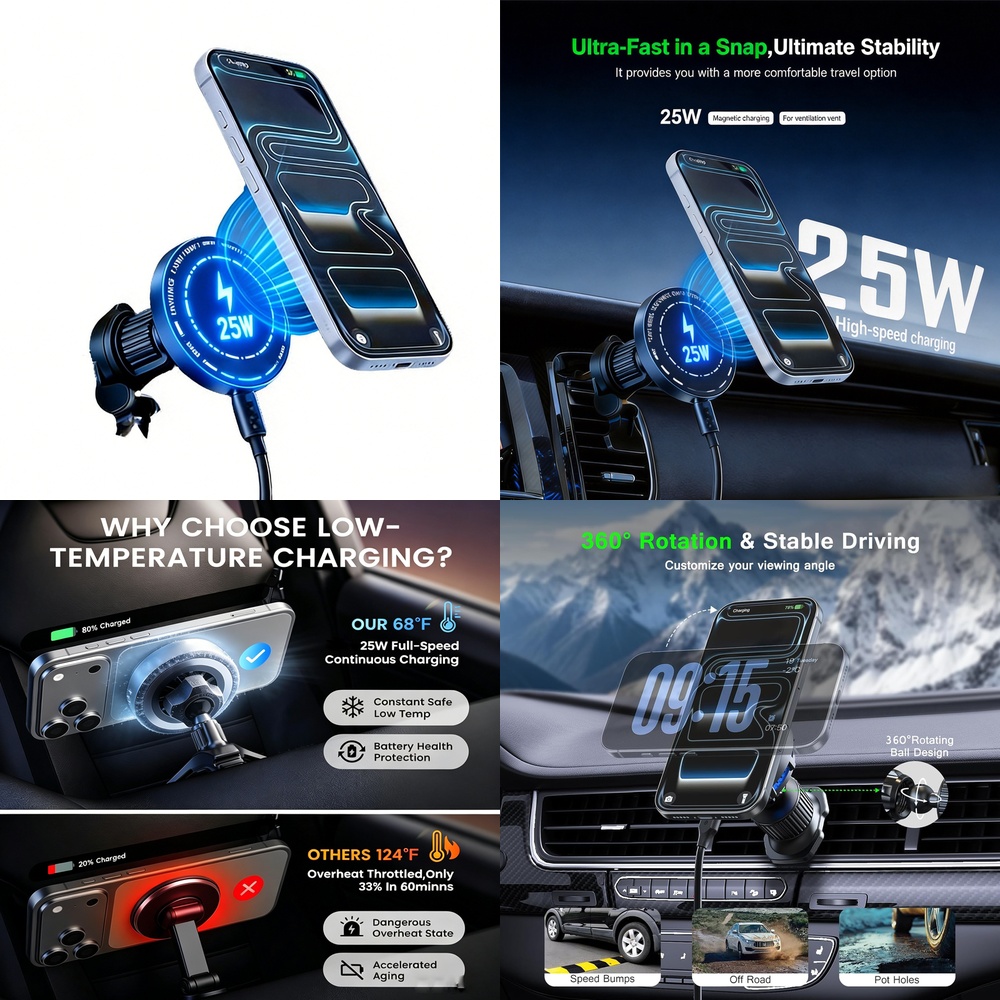 Phone Cooling Fan - Leistungsstarkes 25W Magnetisches Kabelloses Auto-Ladegerät für